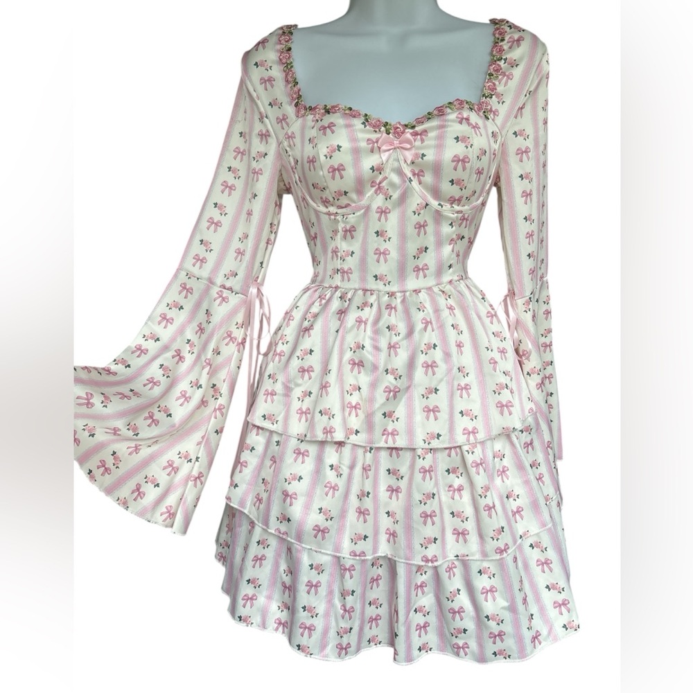 ROMWE Renfaire Coquette Cottage Rose Bow Embroidered Tiered Dress - Small